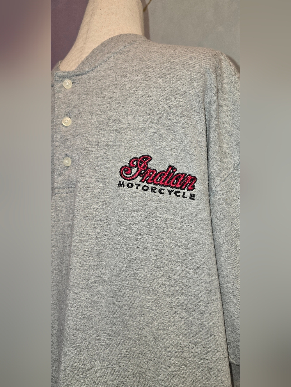Vintage Indian Motorcycle Gray Henley Logo Short Sleeve 3 Button Shirt L